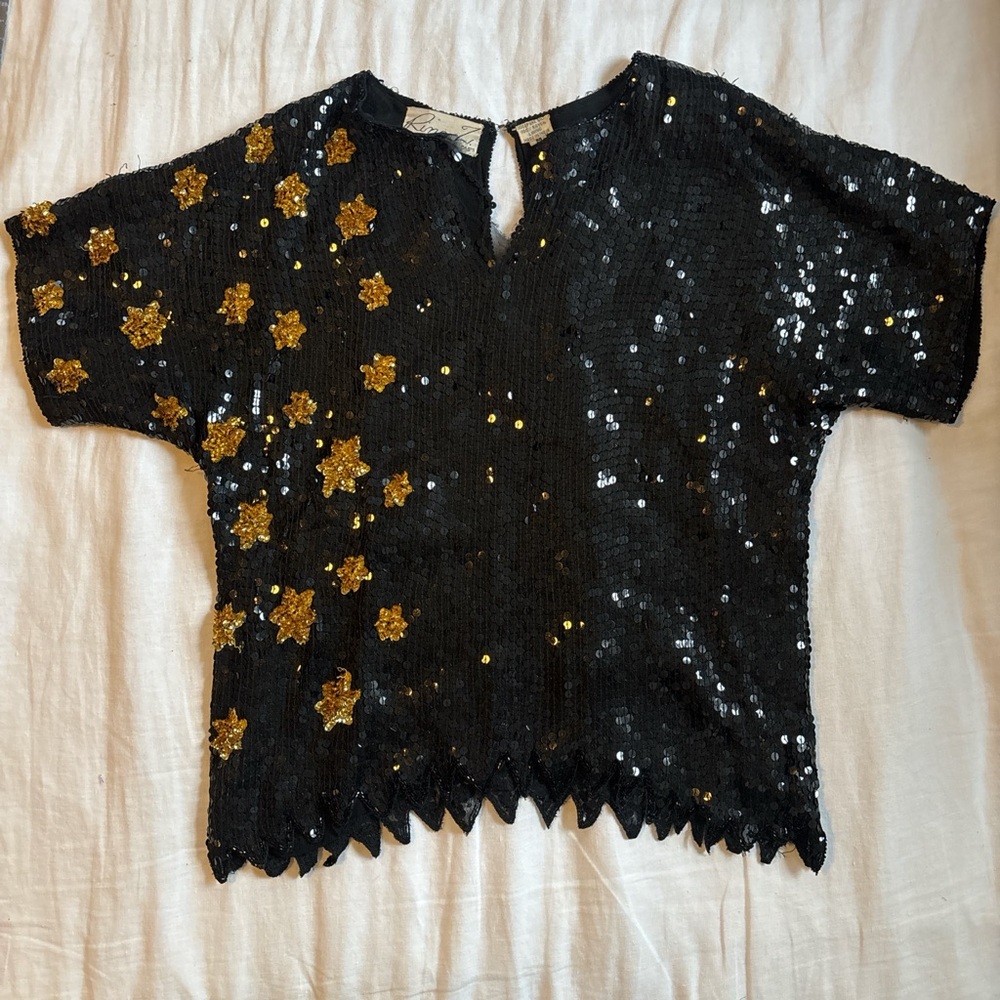 Vintage Rina Z. Black Sequin Silk Short Sleeve Starry Night Party Top Sz M